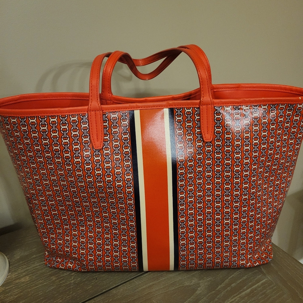 Tory Burch Coated Canvas Orange Gemini Link Tote Bag